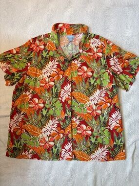 Liz & Me Tropical Hawaiian Floral Short-Sleeve Shirt, Orange/Red, Size 2X, Rayon